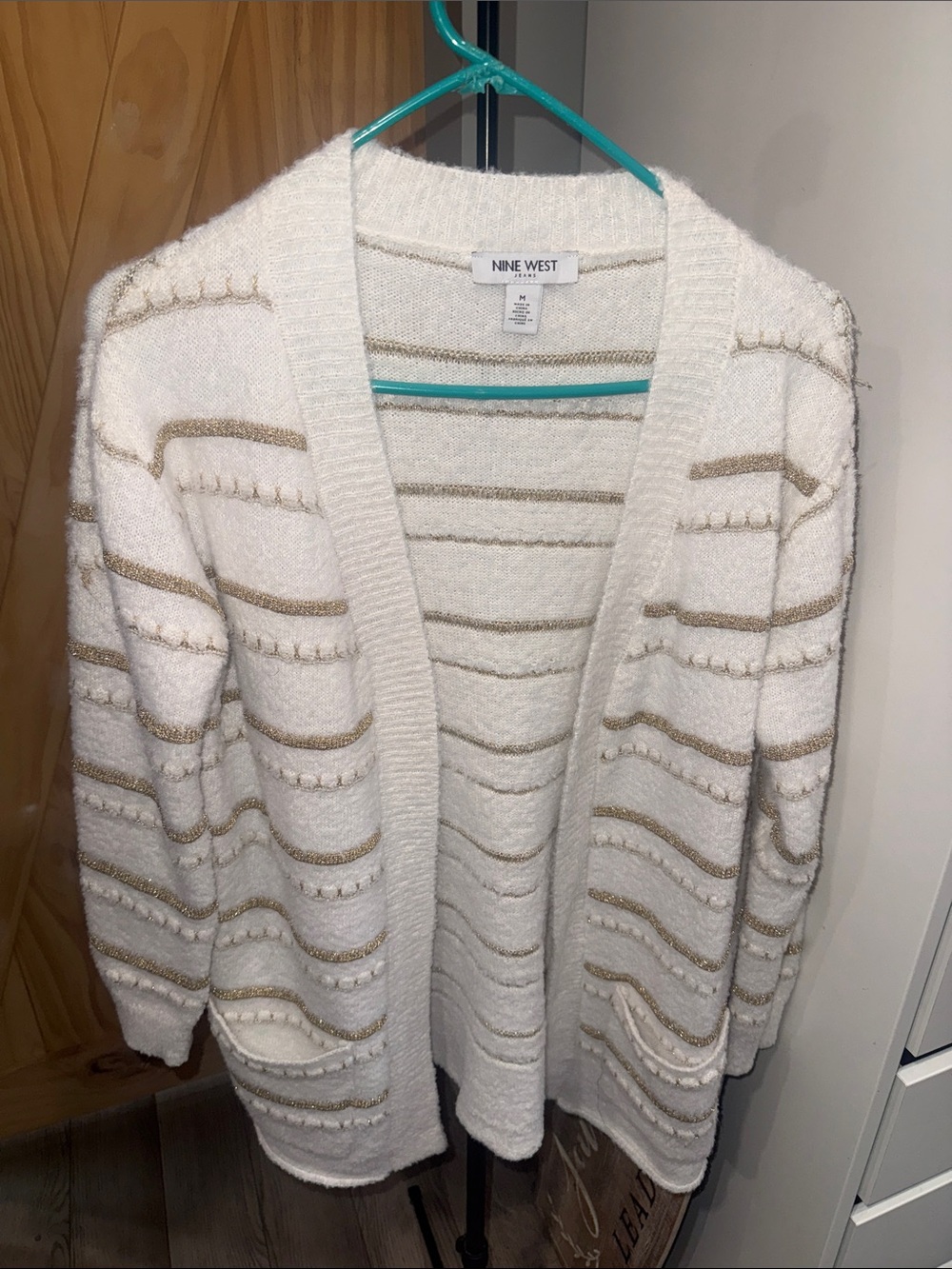 Nine West Ivory Open-Front Cardigan with Gold Stripes